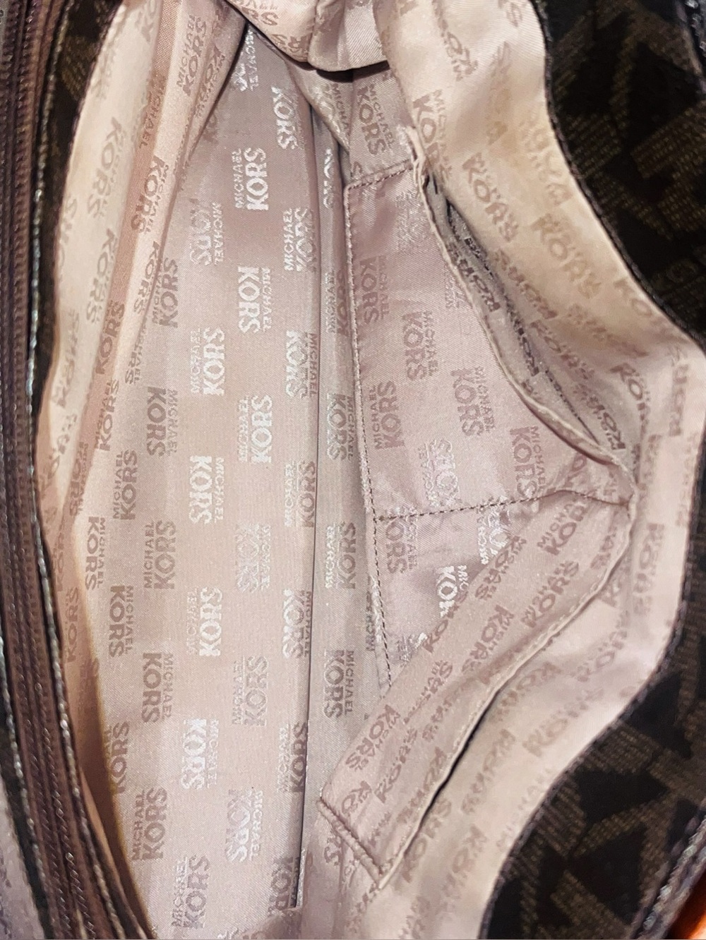 Michael Kors Hamilton Signature Logo Large Tote Bag Brown Tan Gold Like New - Picture 8 of 15